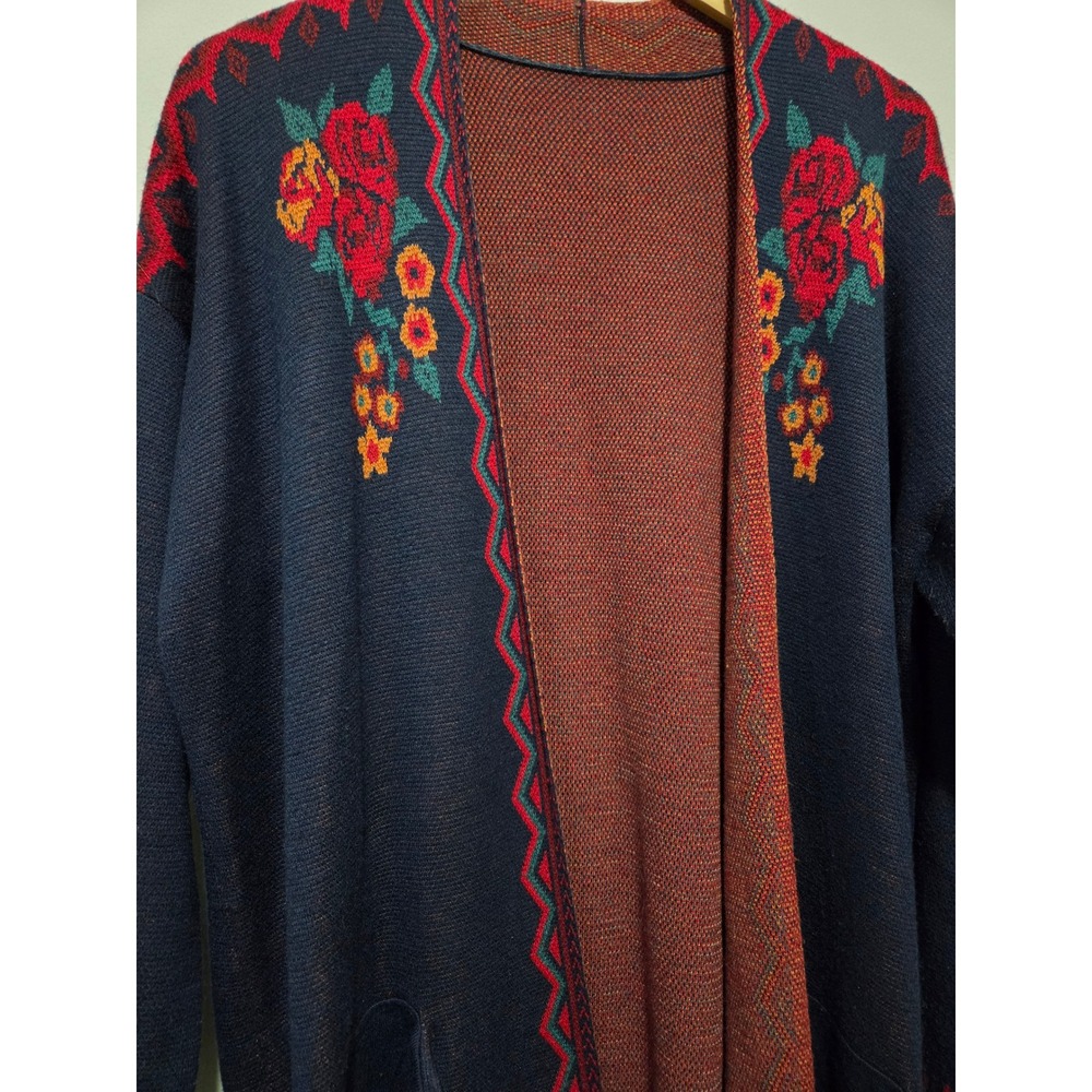 Max Sport Navy Blue Floral Longline Open Front Duster Cardigan Sweater Pockets